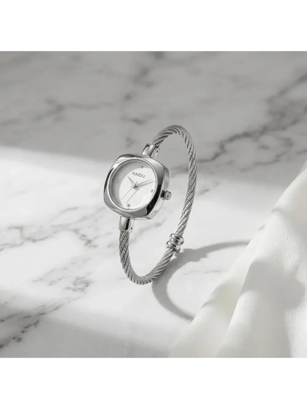 Women's Silver White Crystal Accent Cable Wire Bangle Square Sunray Dial Watches